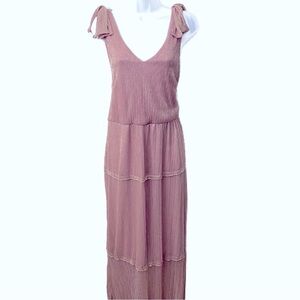 Glamour Nights, Shimmery Light Pink Tiered Maxi Dress with Bow Detail